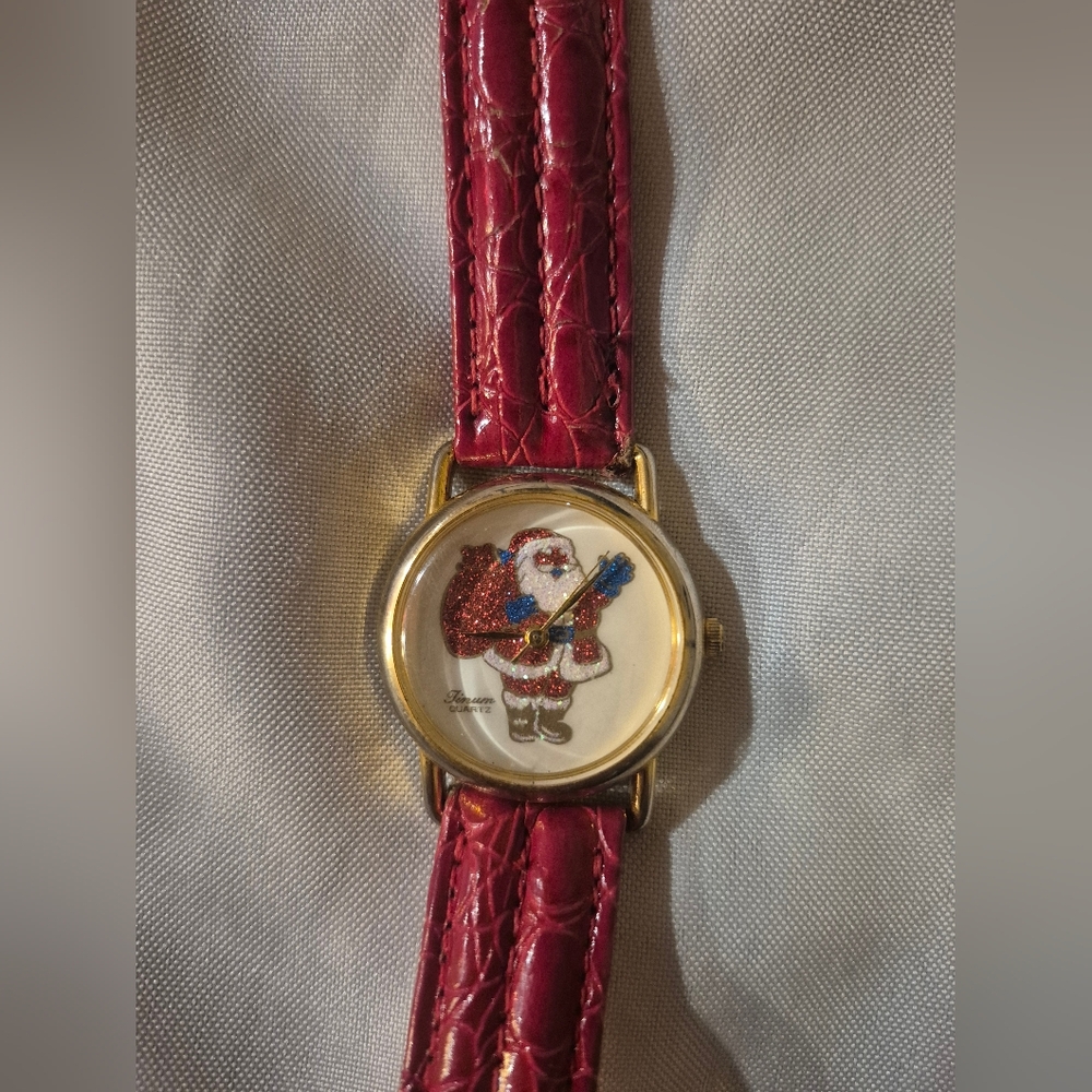 Vintage Sparkly Santa Watch, Red Leather Strap